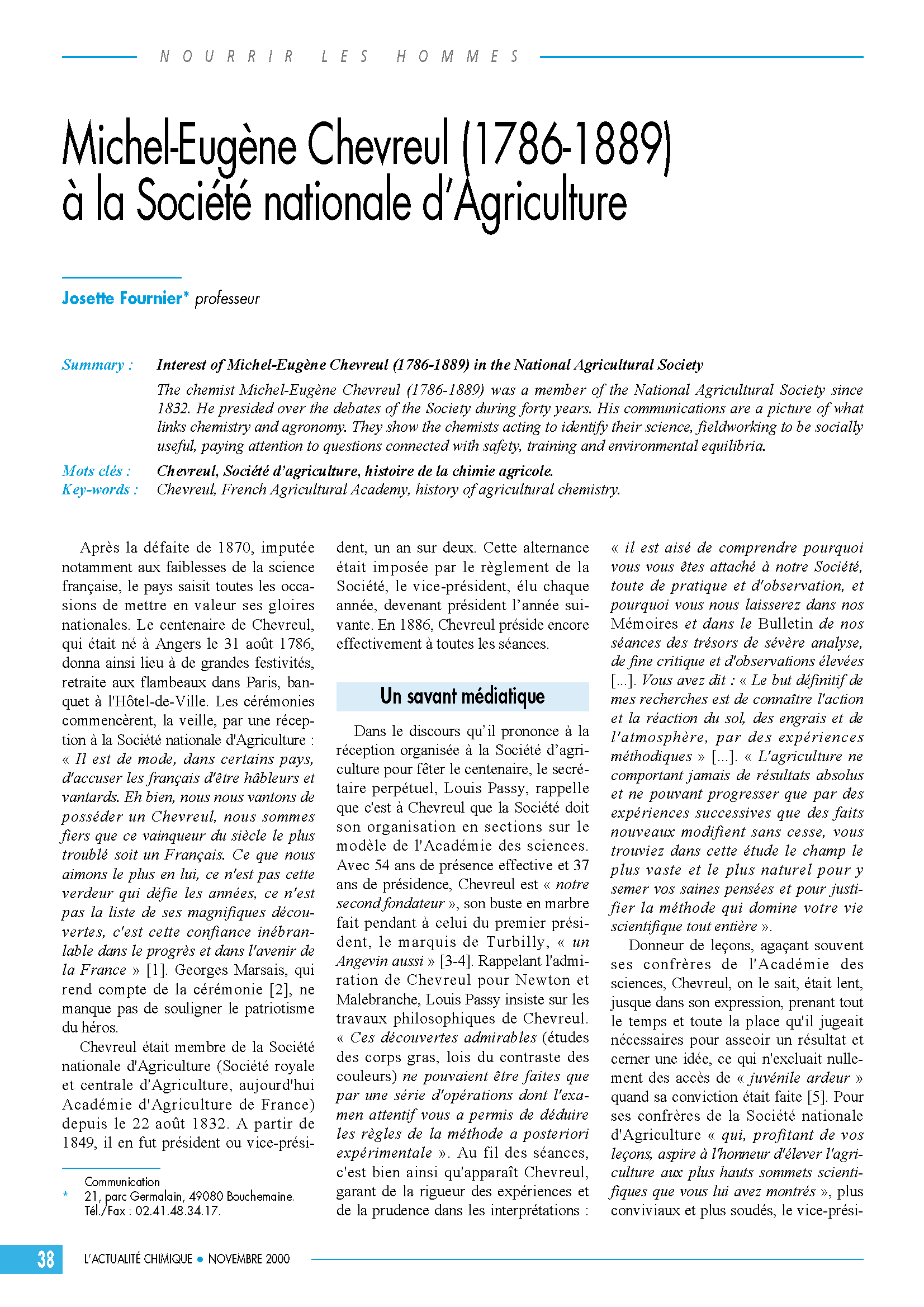 Michel-Eugène Chevreul (1786-1889) à la Société nationale d’agriculture