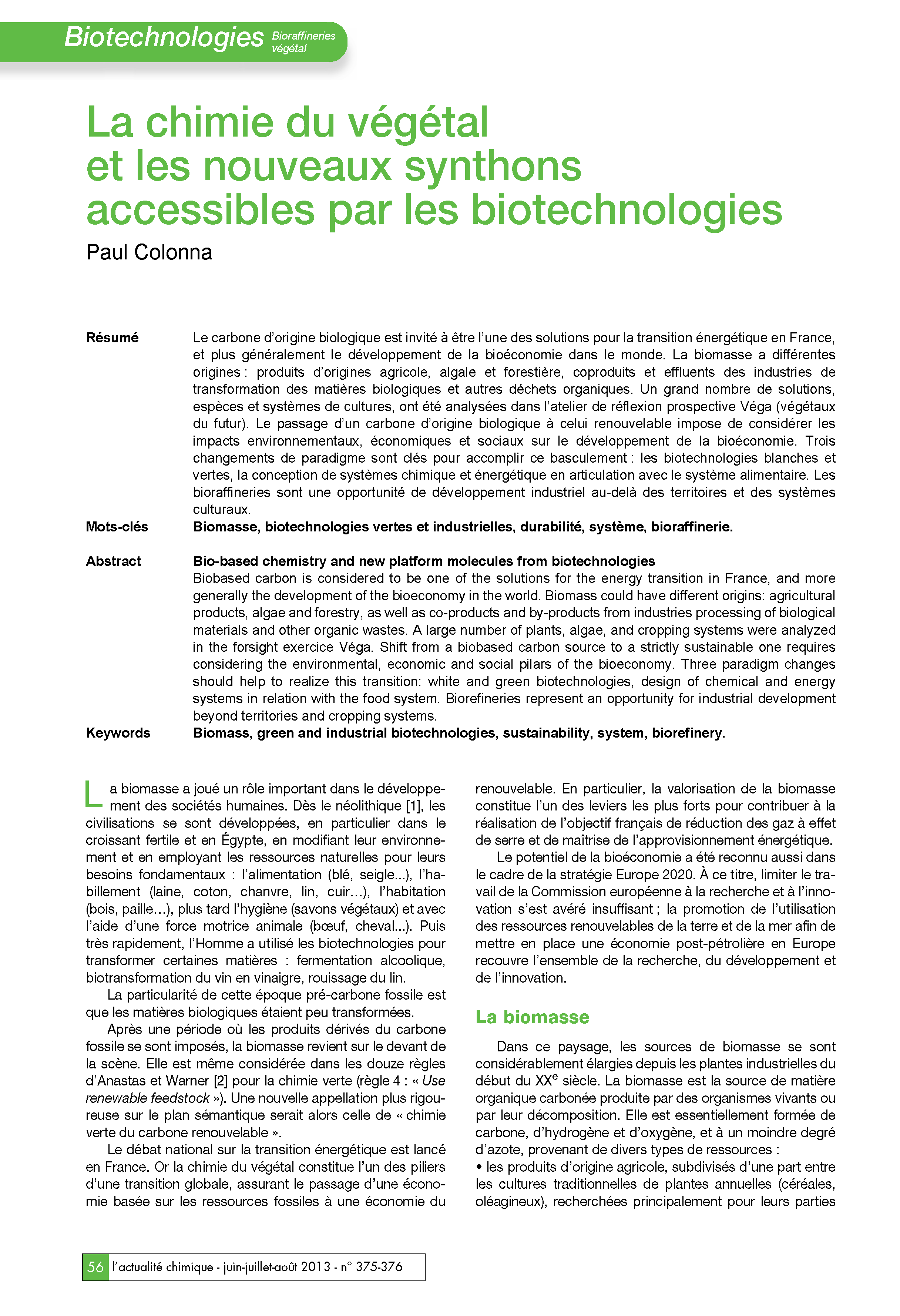 La chimie du végétal et les nouveaux synthons accessibles par les biotechnologies