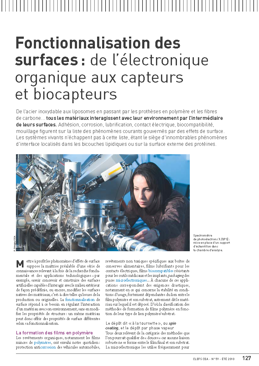 Fonctionnalisation des surfaces : de l'électronique aux capteurs et biocapteurs