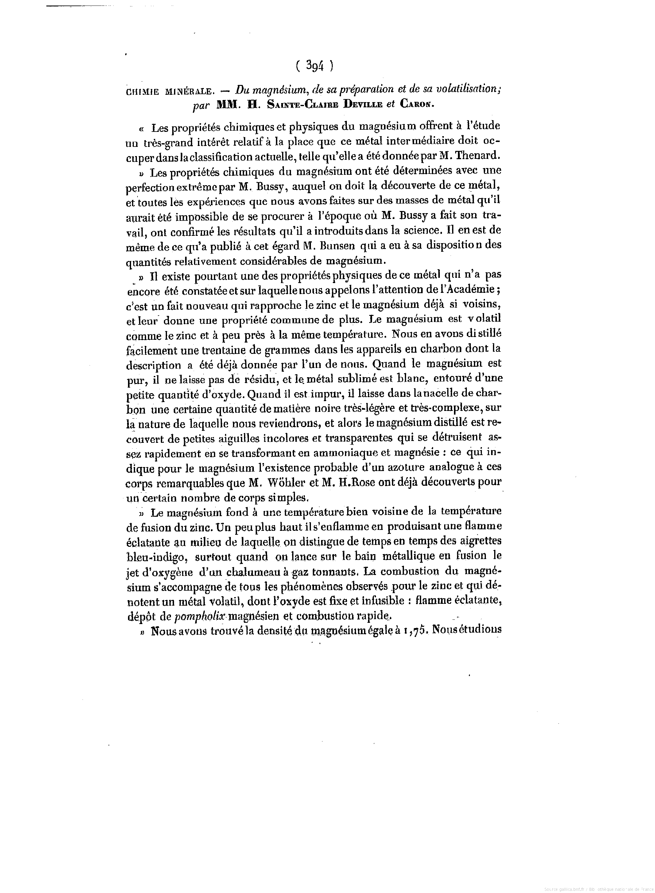 La préparation du magnésium ainsi que quelques propriétés