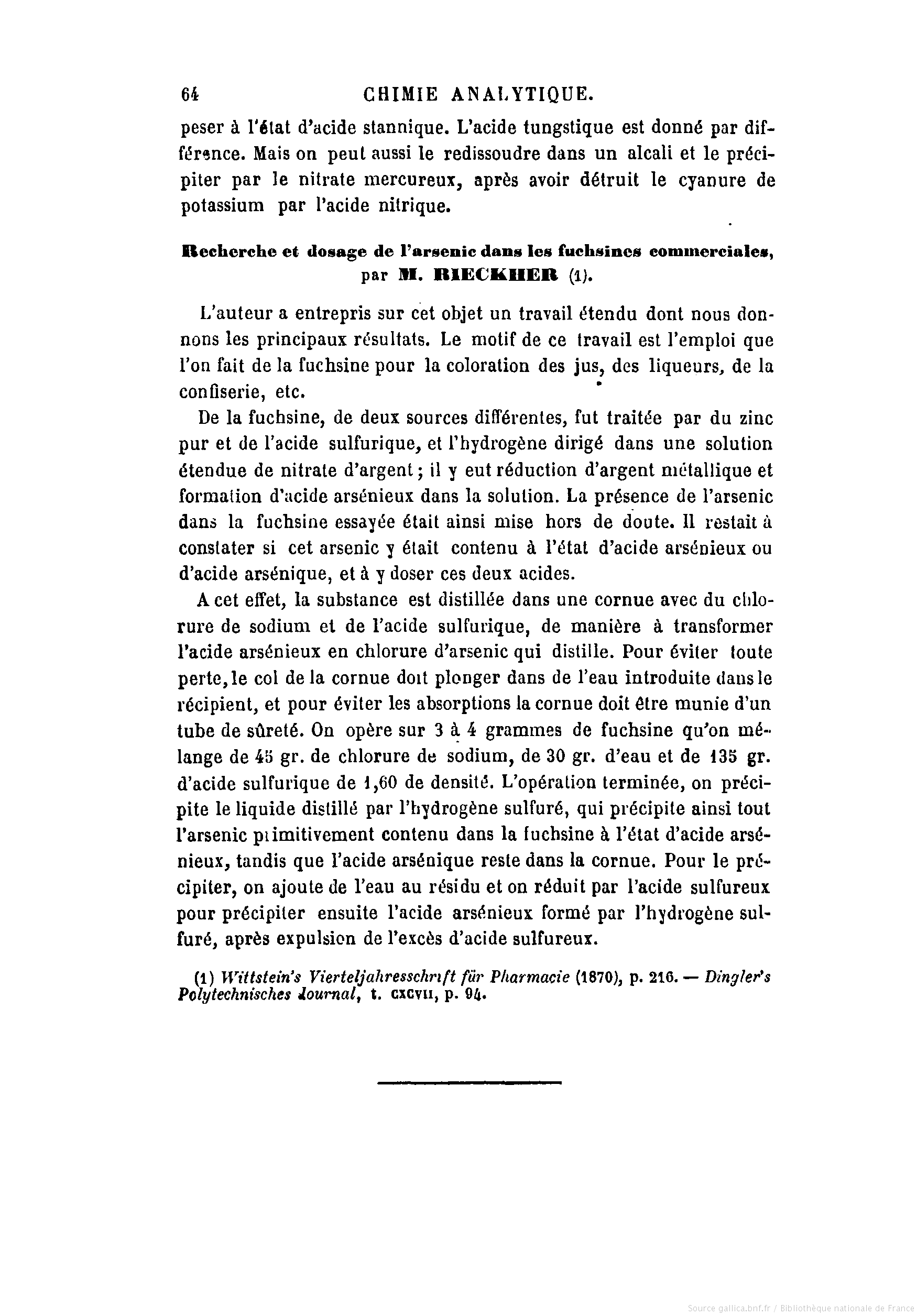 Dosage de l’arsenic contenu dans les fuchsines du commerce