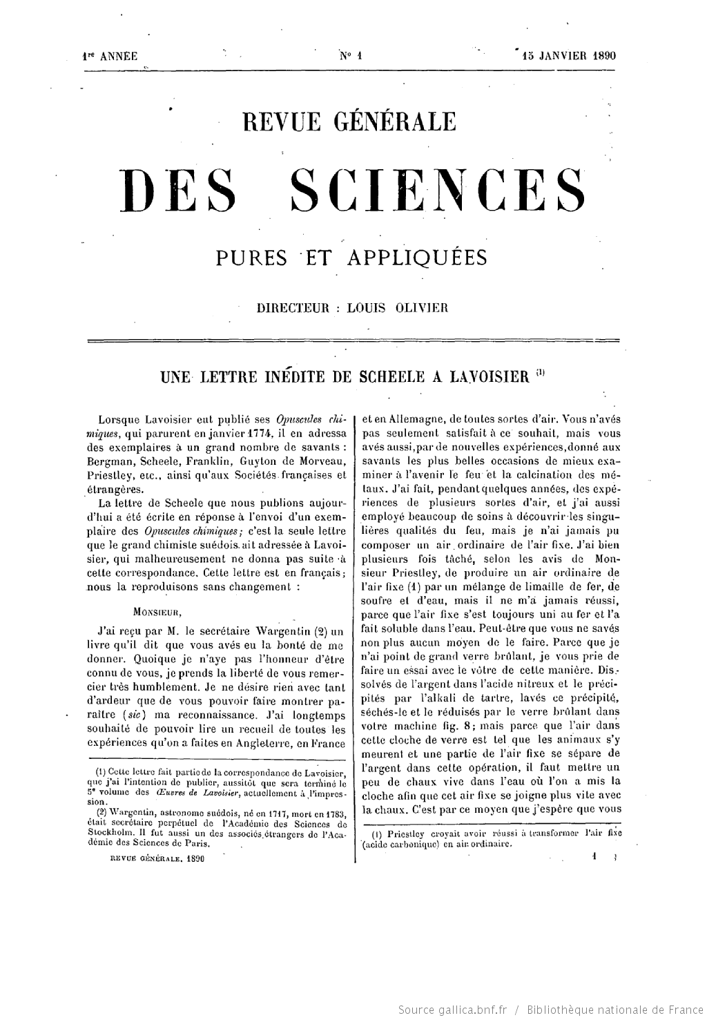 Une lettre inédite de Scheele à Lavoisier