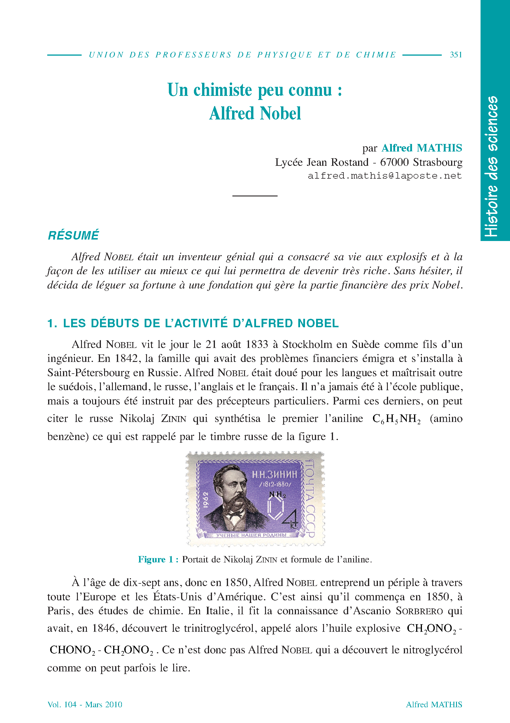 Alfred Nobel (1833-1896) : chimie des explosifs et fondation des prix Nobel
