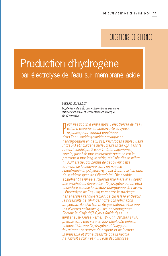 Production d’hydrogène par électrolyse de l’eau sur membrane acide
