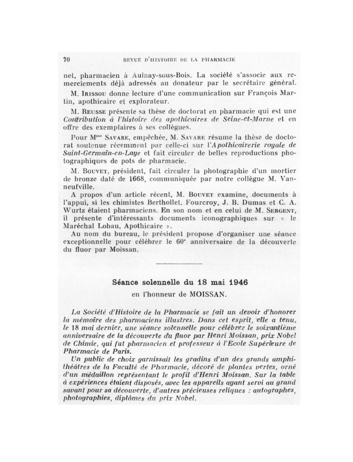 Le soixantième anniversaire de la découverte du fluor à la Société d’histoire de la pharmacie