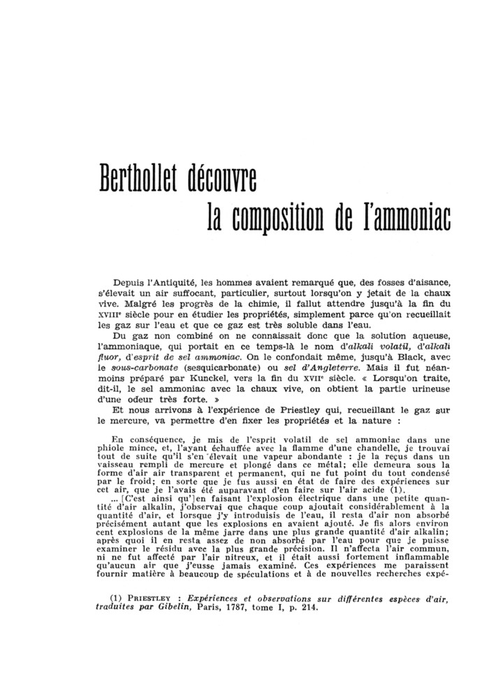 Berthollet et la découverte de la composition de l’ammoniac