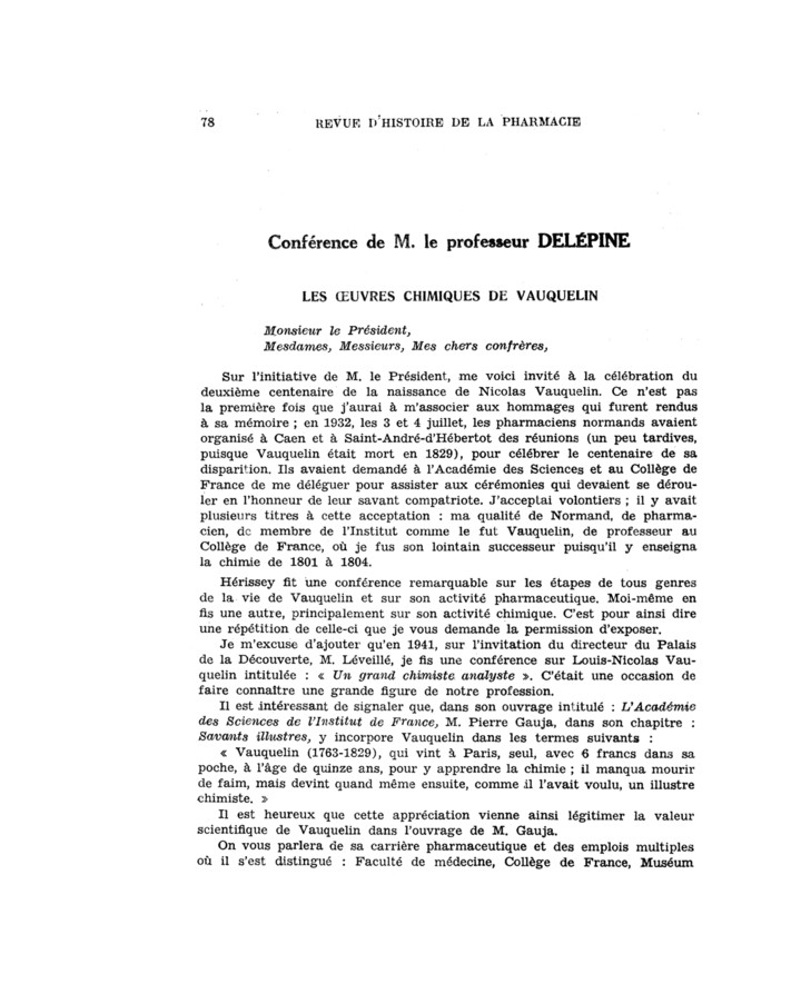 Conférence de M. le Professeur Delépine : les oeuvres chimiques de Vauquelin
