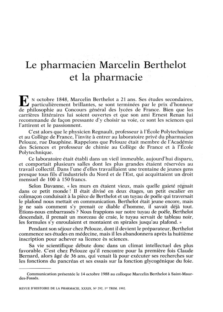Le pharmacien Marcelin Berthelot (1827-1907) et la pharmacie