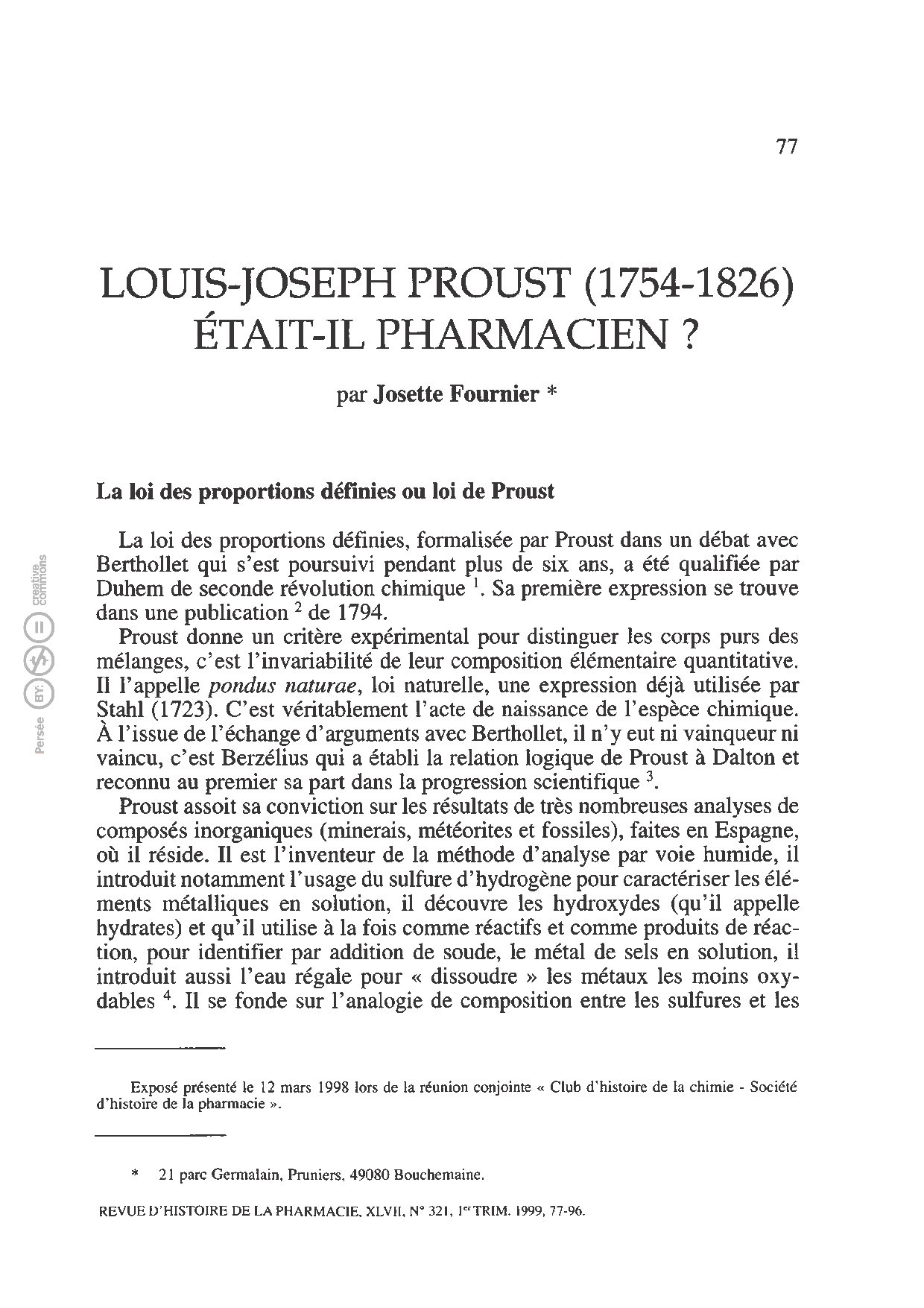 Louis Proust (1754-1826), la loi des proportions définies et les recherches