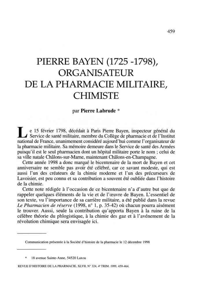 L’apothicaire et chimiste Pierre Bayen (1725-1798) : premiers doutes sur la théorie du phlogistique