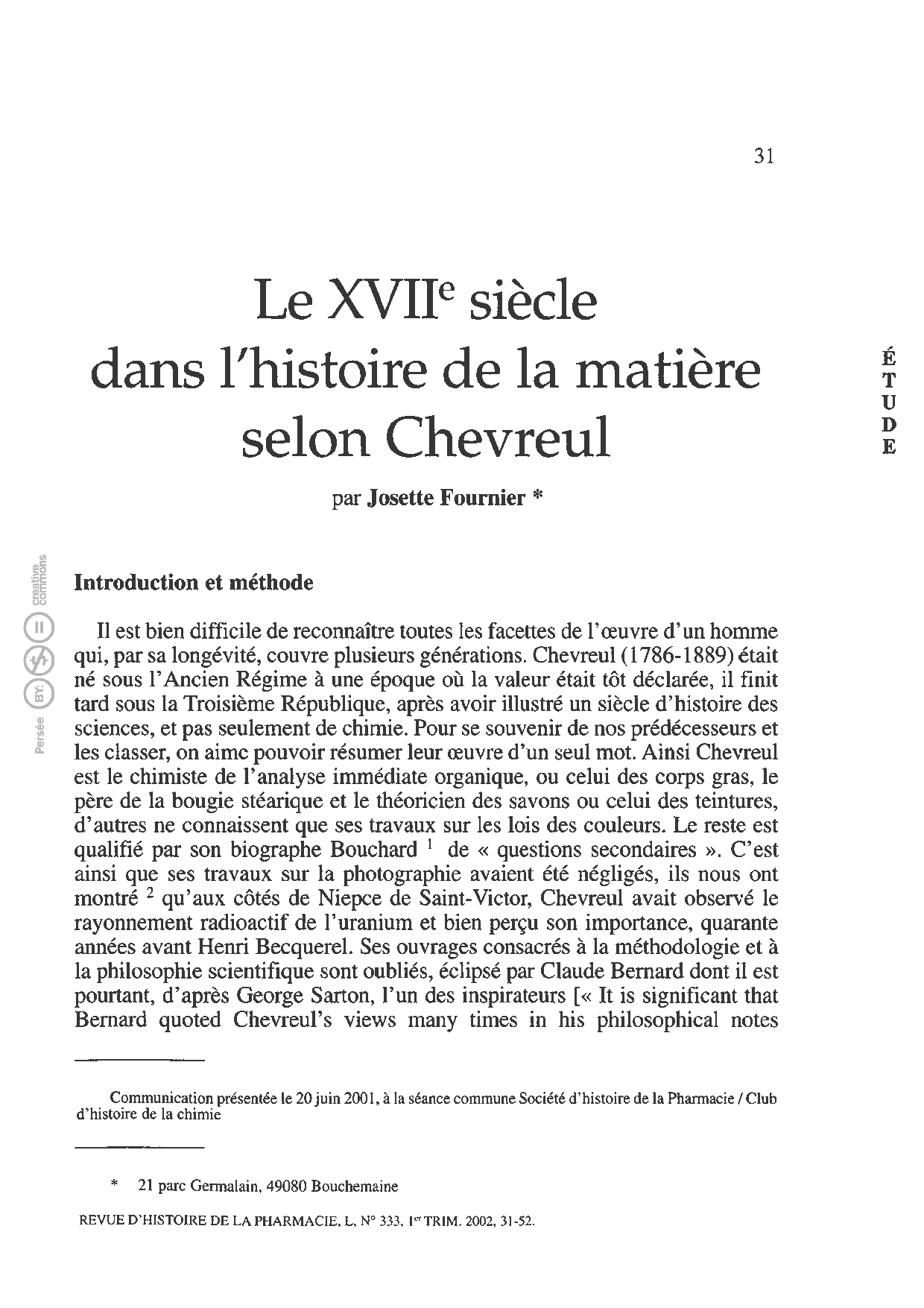 Le XVIIe siècle dans l'histoire de la matière selon Chevreul