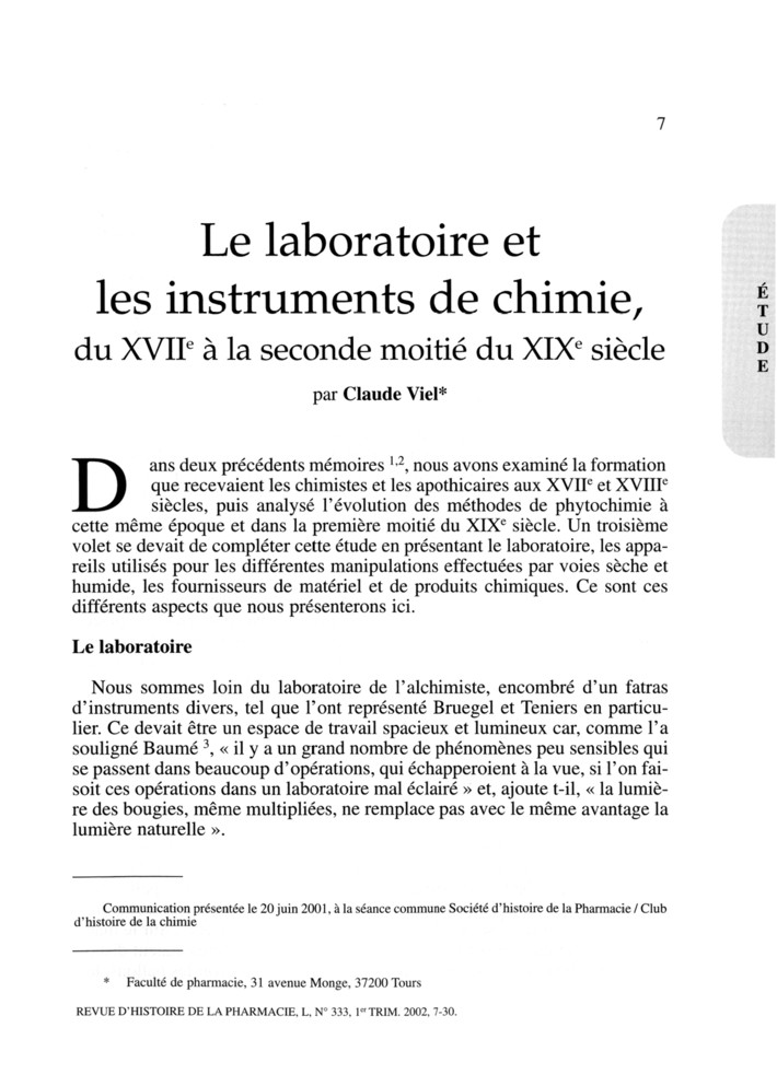 Le laboratoire et les instruments de chimie du XVIIe siècle à la seconde moitié du XIXe siècle