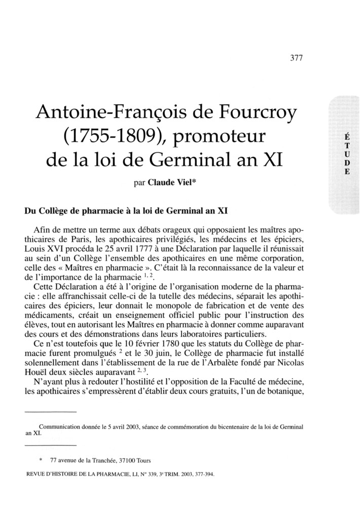 Antoine-François de Fourcroy (1755-1809), promoteur de la loi de Germinal an XI