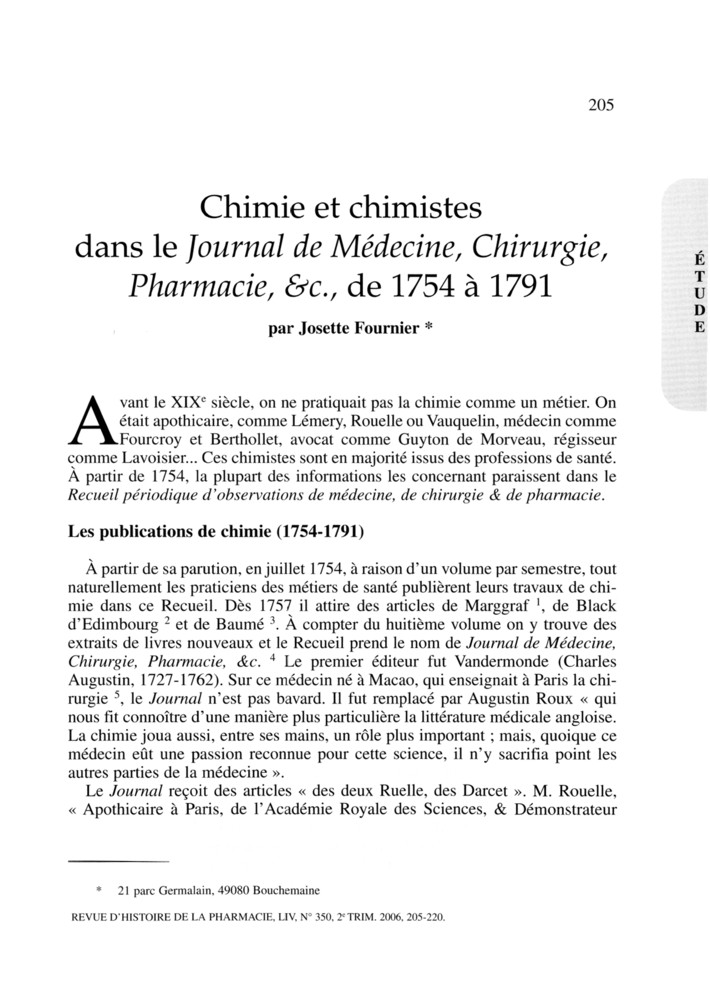 Chimie et chimistes dans le Journal de Médecine, Chirurgie, Pharmacie &c., de 1754 à 1791