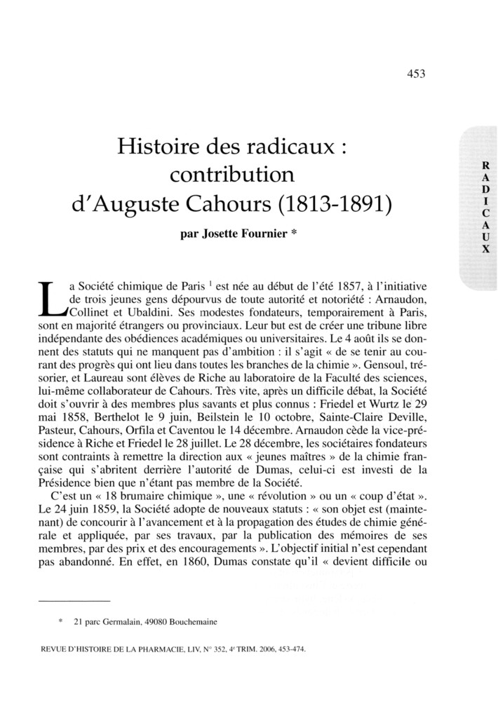 Histoire des radicaux : contribution d’Auguste Cahours (1813-1891)