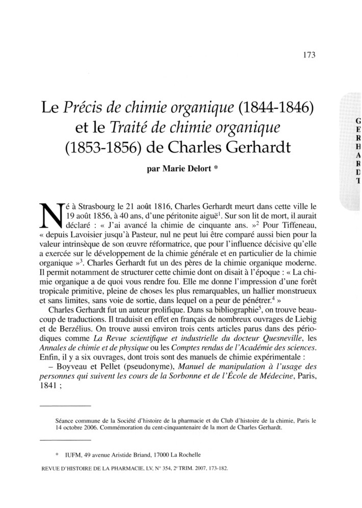 Deux manuels d’enseignement de la chimie organique par Charles Gerhardt (1816-1856)