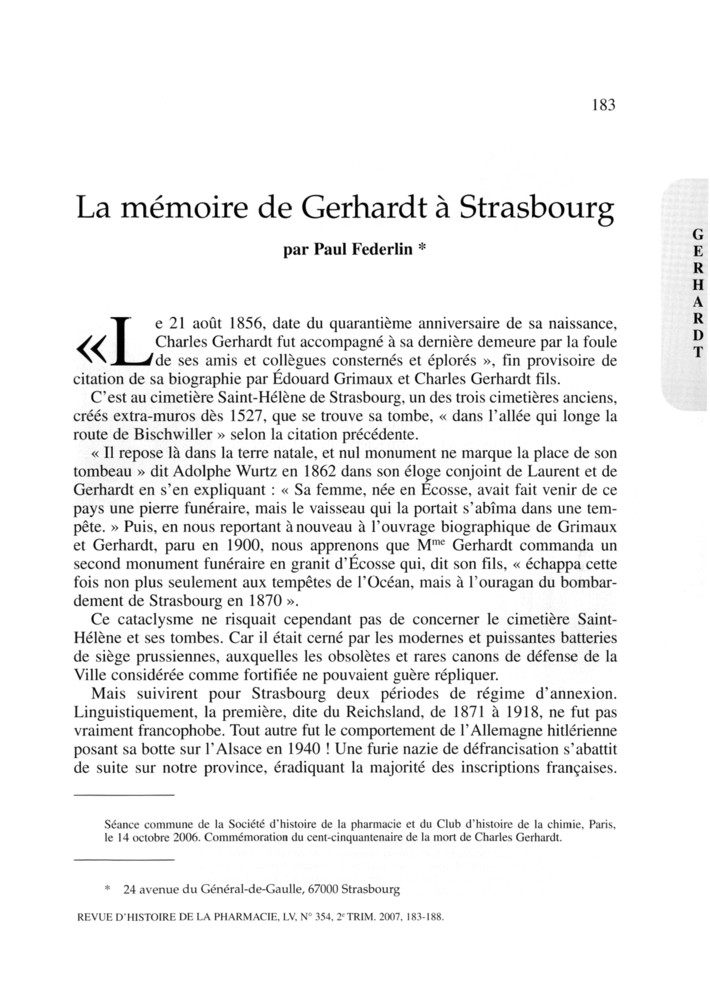 La mémoire de Gerhardt à Strasbourg