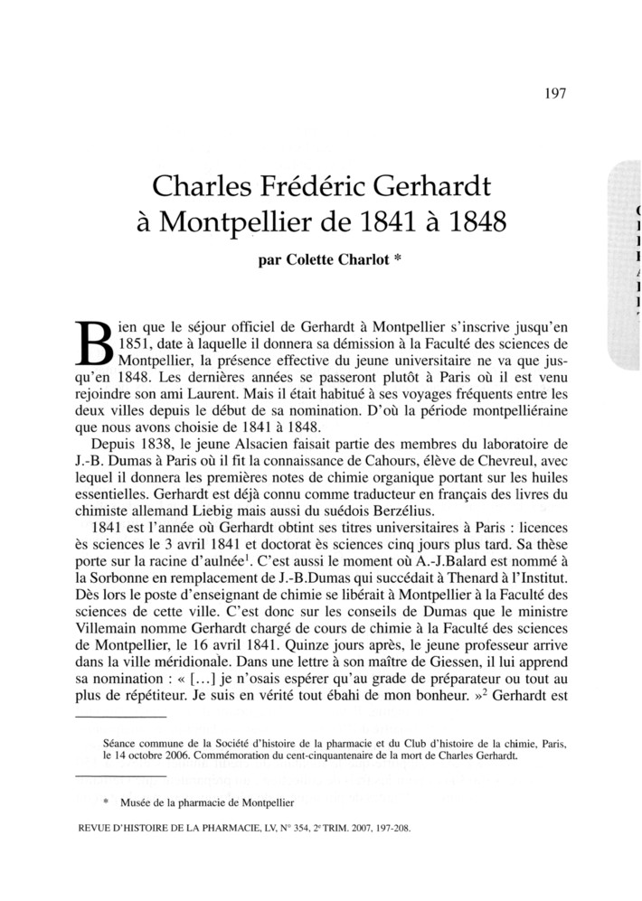 Charles Gerhardt (1816-1856) à Montpellier (1841-1848) : conditions de travail et activités
