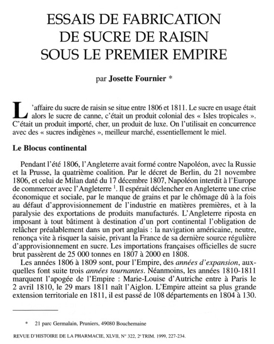 Découverte et extraction du sucre de raisin sous le Premier Empire