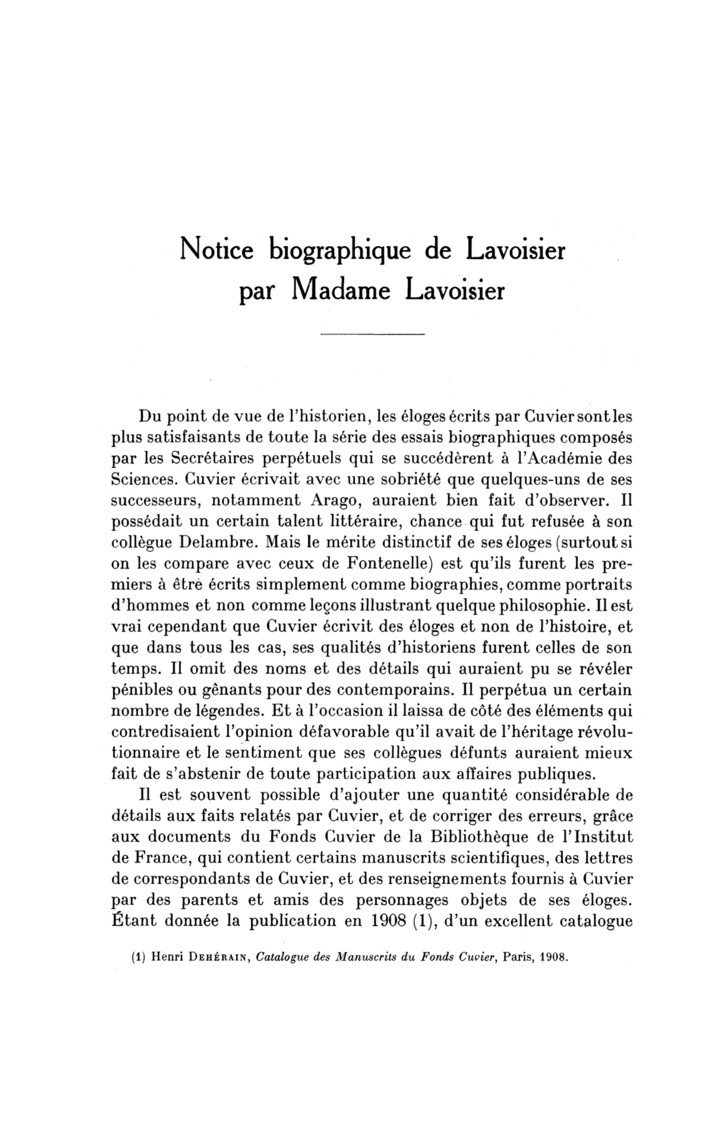 Éloge de Lavoisier par Madame Lavoisier