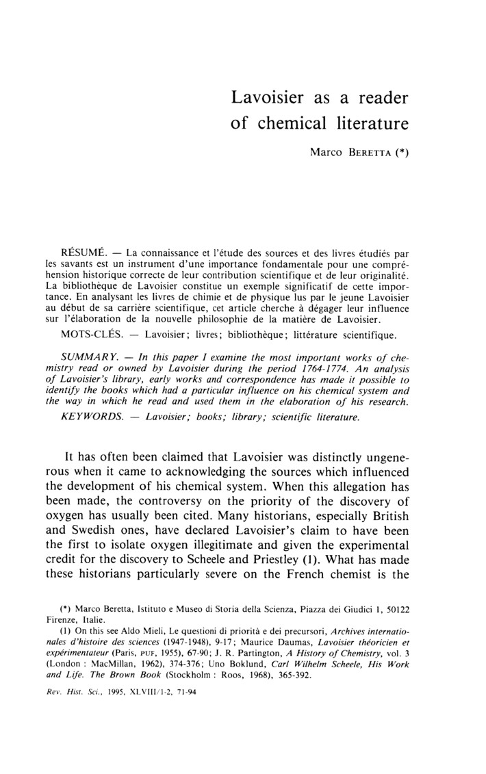 Les sources bibliographiques de Lavoisier (1743-1794)