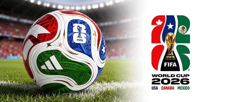 Ballon officiel de la Coupe du Monde de la FIFA 2026 sur le terrain et logo officiel du tournoi de football aux États-Unis, au Canada et au Mexique.